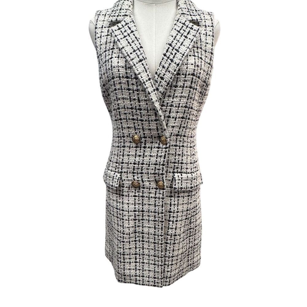 Alice + Olivia Black and White Tweed Double-Breasted Mini Dress